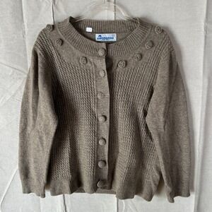 Bonanza Lambswool Cardigan Sweater Brown Rosette Floral Button Front Vintage L